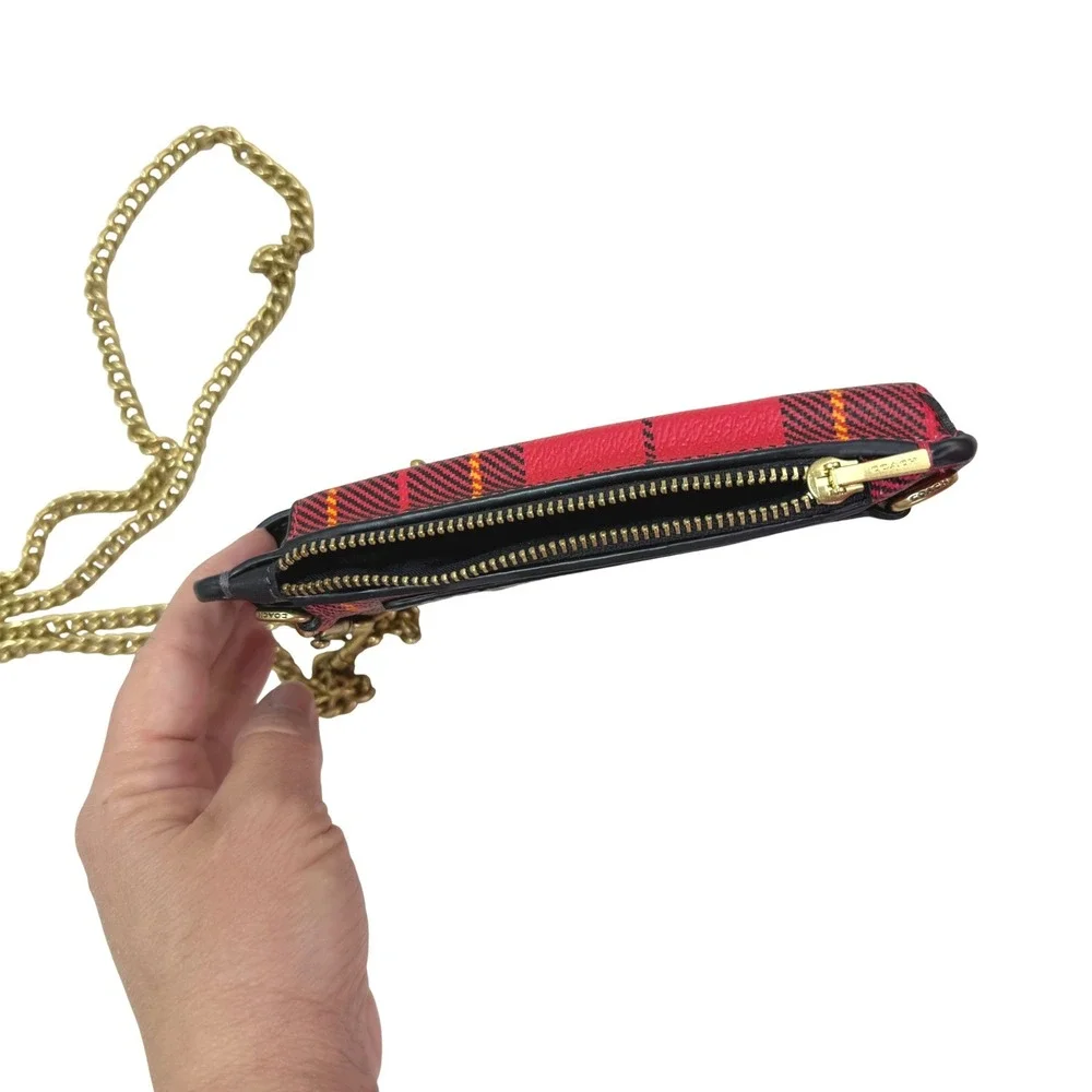 Coach Phone Crossbody OS Red Plaid Leather Gold Chain Strap Wallet Bag
